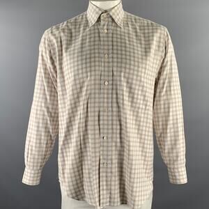 BRIONI Size L White Blue Tan Gingham Cotton Pointed Long Sleeve Shirt